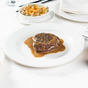 Kurt’s Favourite, Beef Tenderloin with Black Pepper Sauce Acompanied with Fettuccine Au Gratin