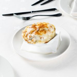 Mussels Au Gratin with Creamed Spinach and Emmental Cheese